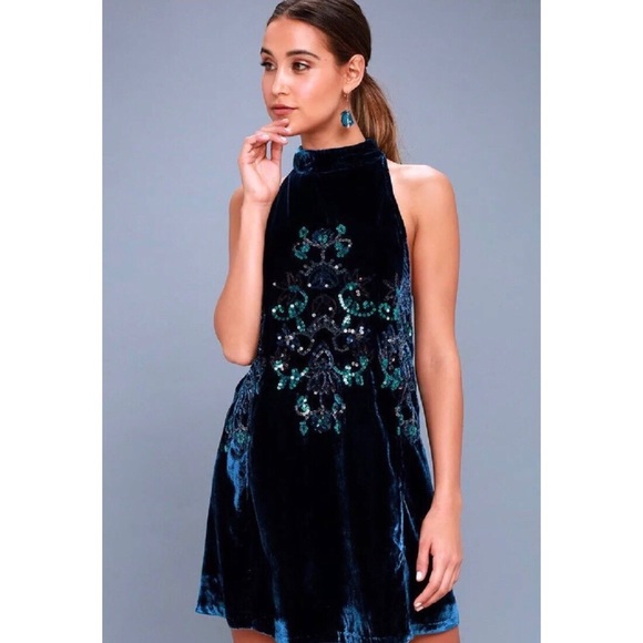 Free People Navy Velvet Swing Beaded Dress - Picture 2 of 8